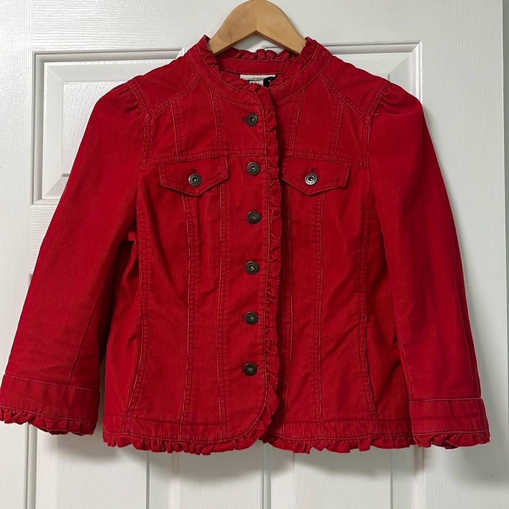 Y2K Loft Red Corduroy Jacket Ruffle Trim Preppy Cottagecore Fall  Size 4